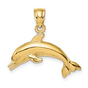 14k Yellow Gold Textured/Polished Dolphin Jumping Necklace Charm Pendant